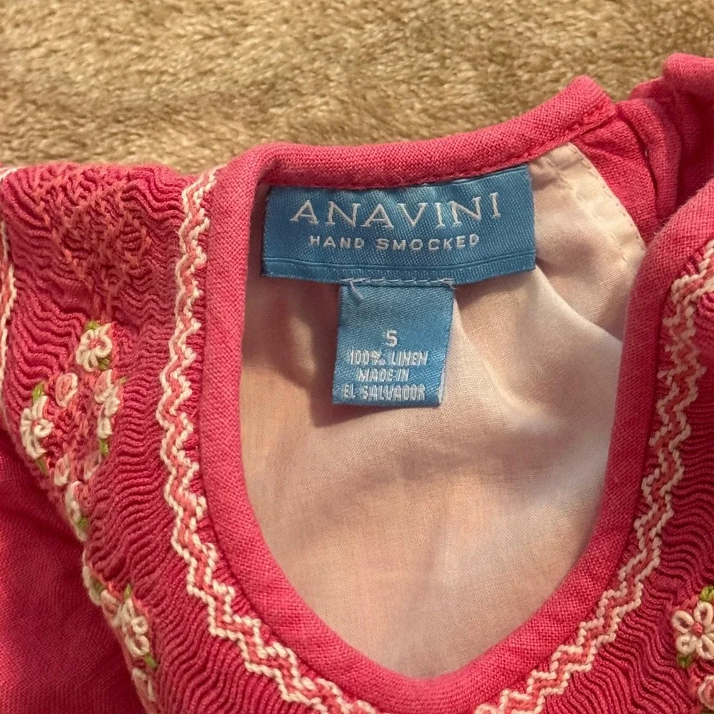 Anavini Girls Pink Hand Smocked Linen Dress Floral Flutter Sleeve Size 5
